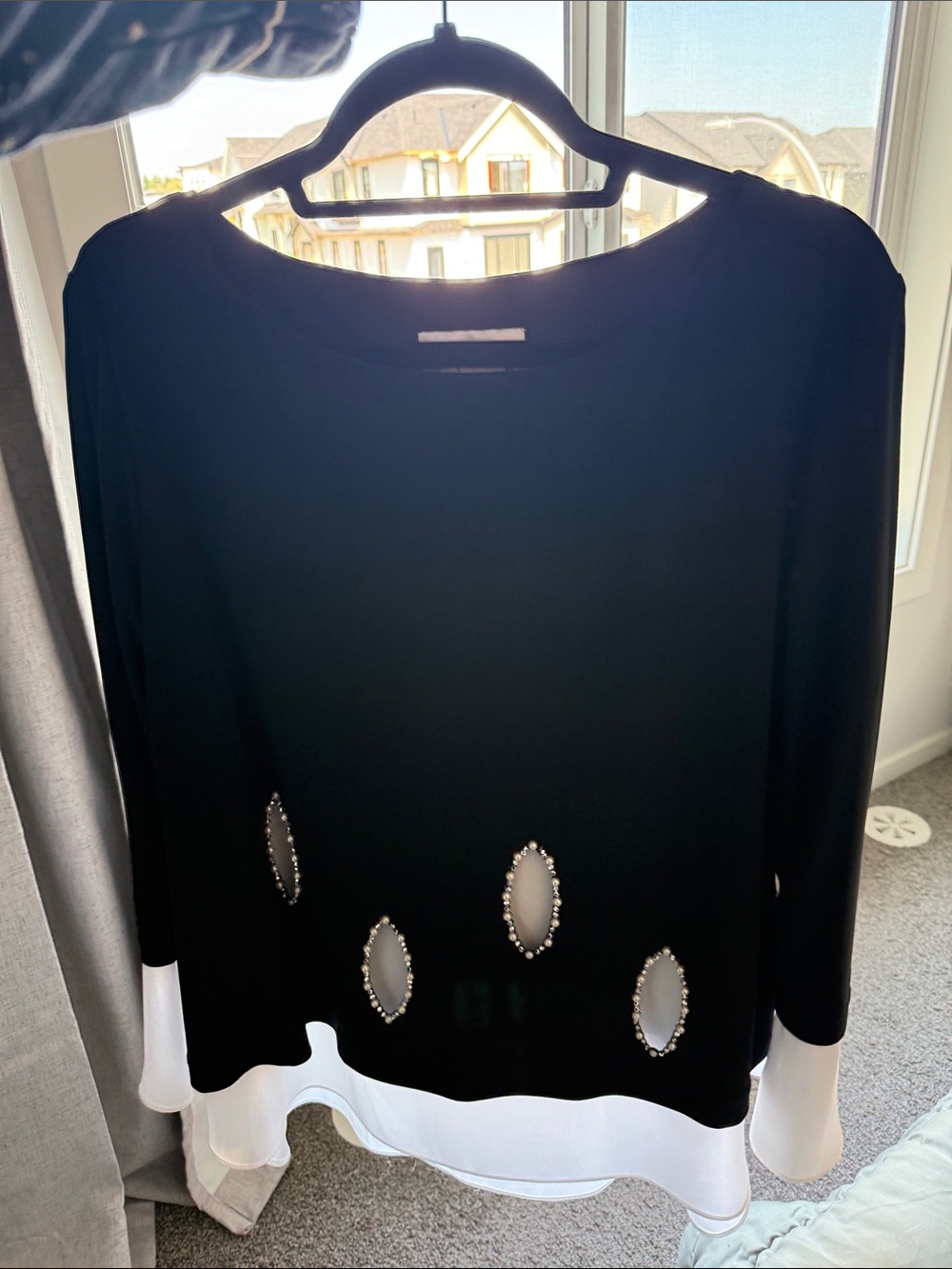 Joseph Ribkoff Black Tunic with White Layered Hem and Beaded Teardrop Accents - Picture 3 of 9